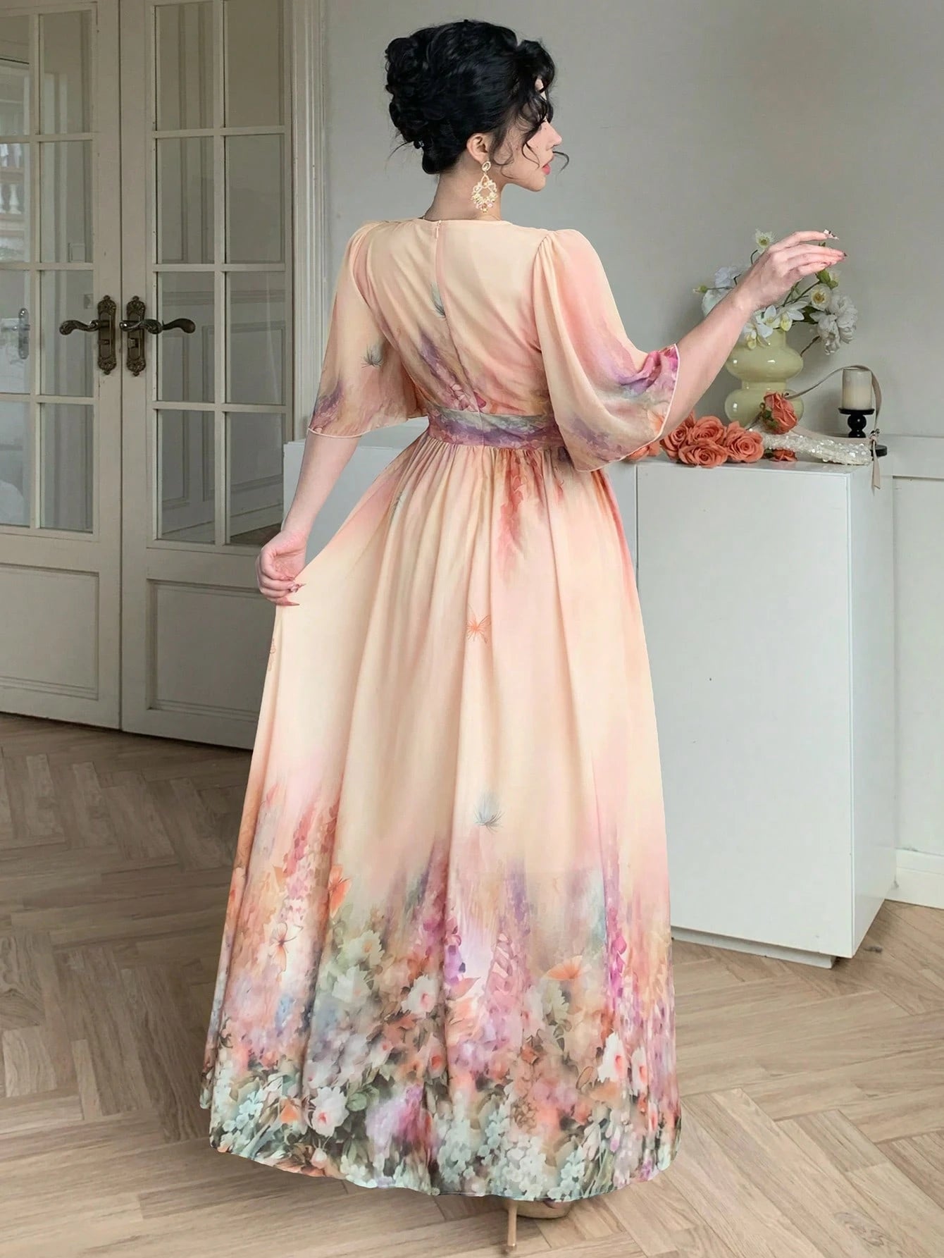 Peach Floral Ombre Maxi Dress with Boho Inspired Look
