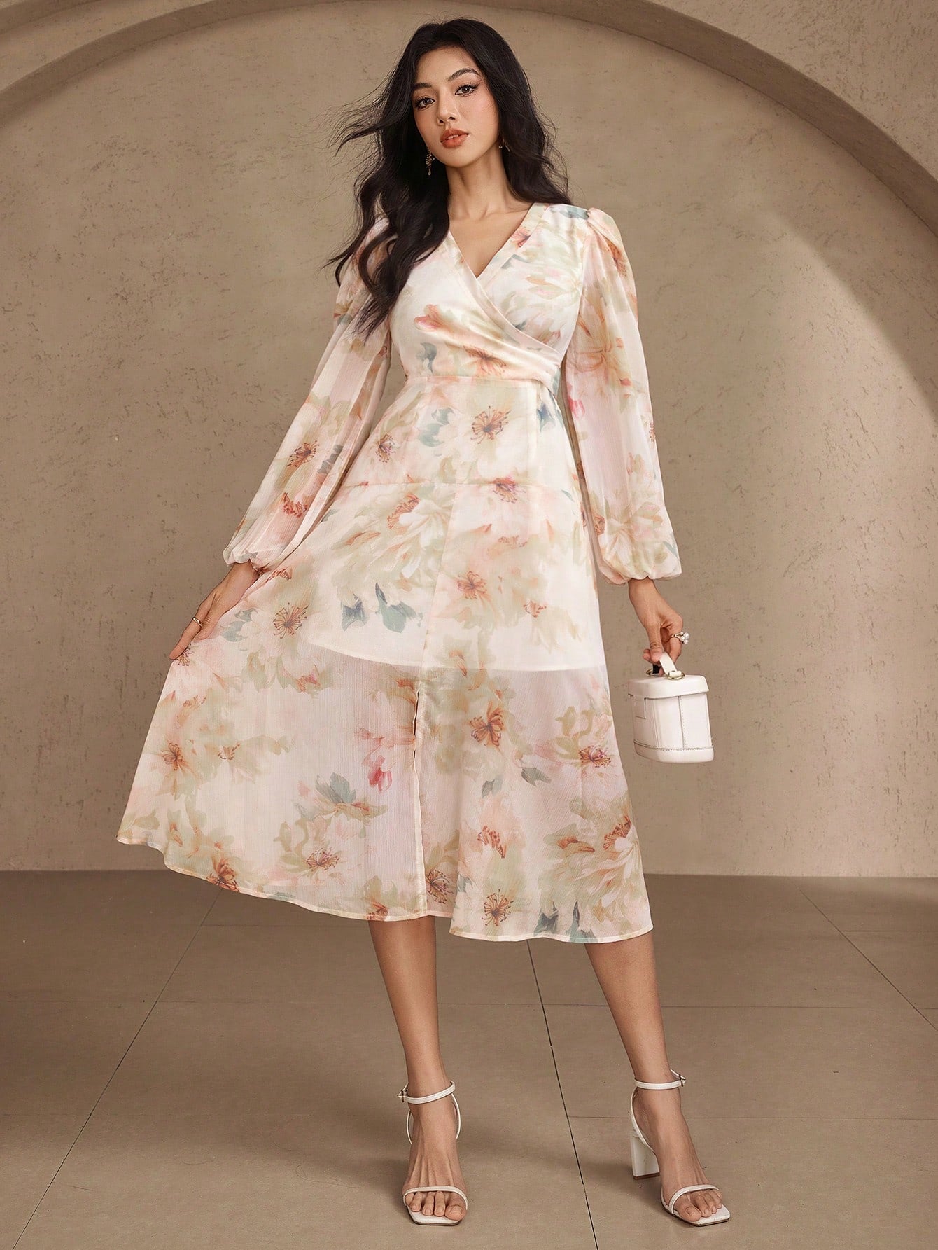 Beige Floral Wrap Midi Dress with Chic Casual Look