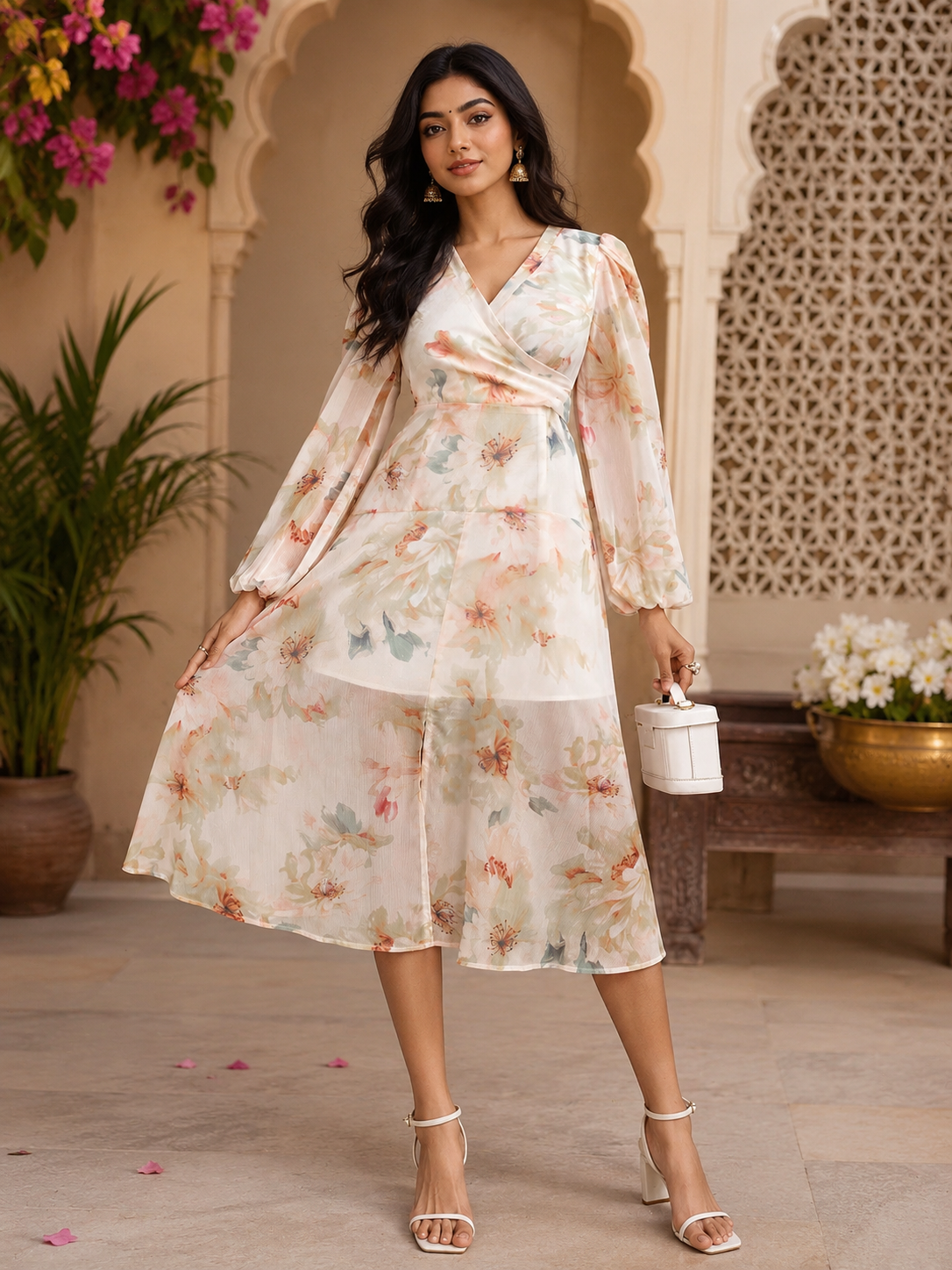 Beige Floral Wrap Midi Dress with Chic Casual Look