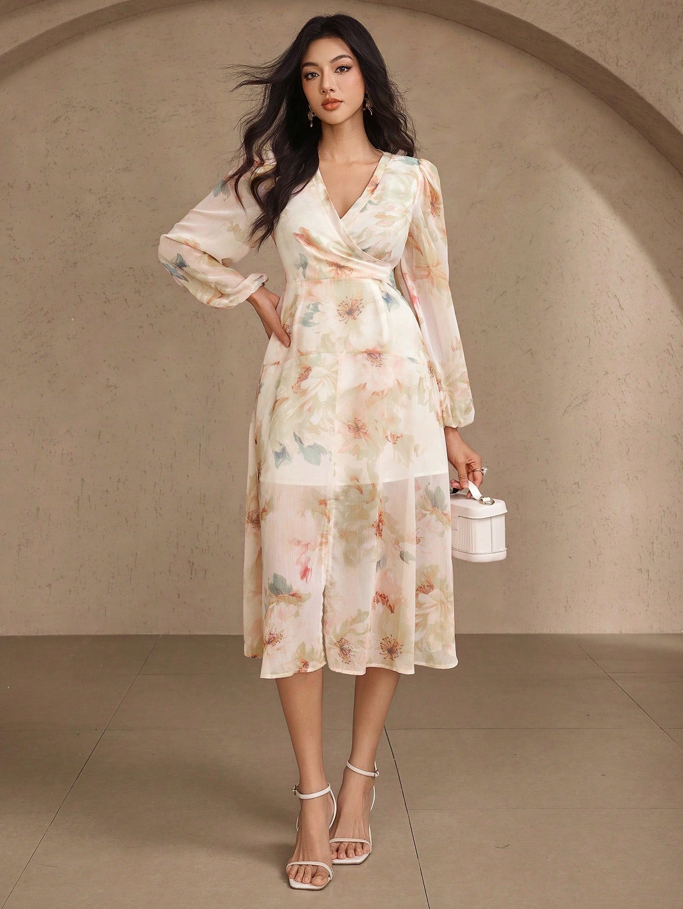 Beige Floral Wrap Midi Dress with Chic Casual Look