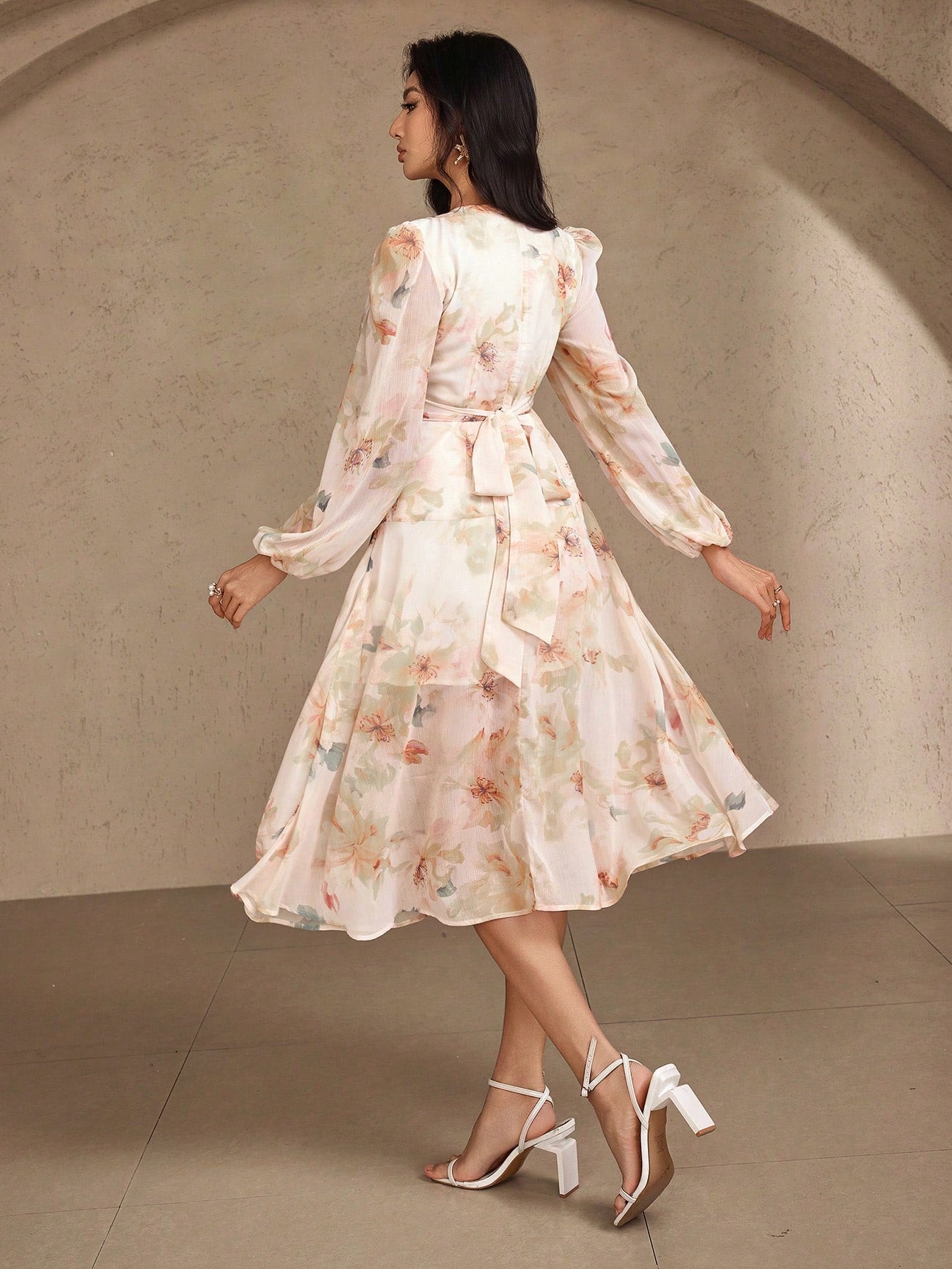 Beige Floral Wrap Midi Dress with Chic Casual Look