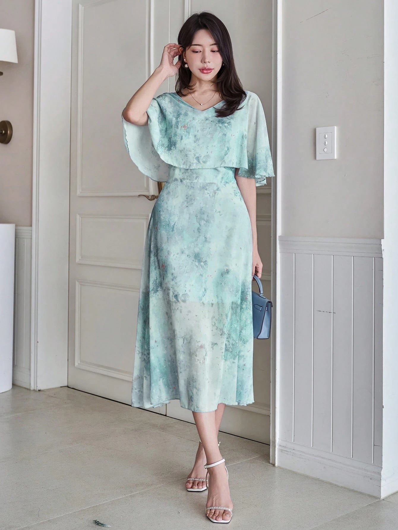 Mint Green Floral Midi Dress with Minimal Elegant Style