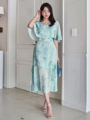 Mint Green Floral Midi Dress with Minimal Elegant Style
