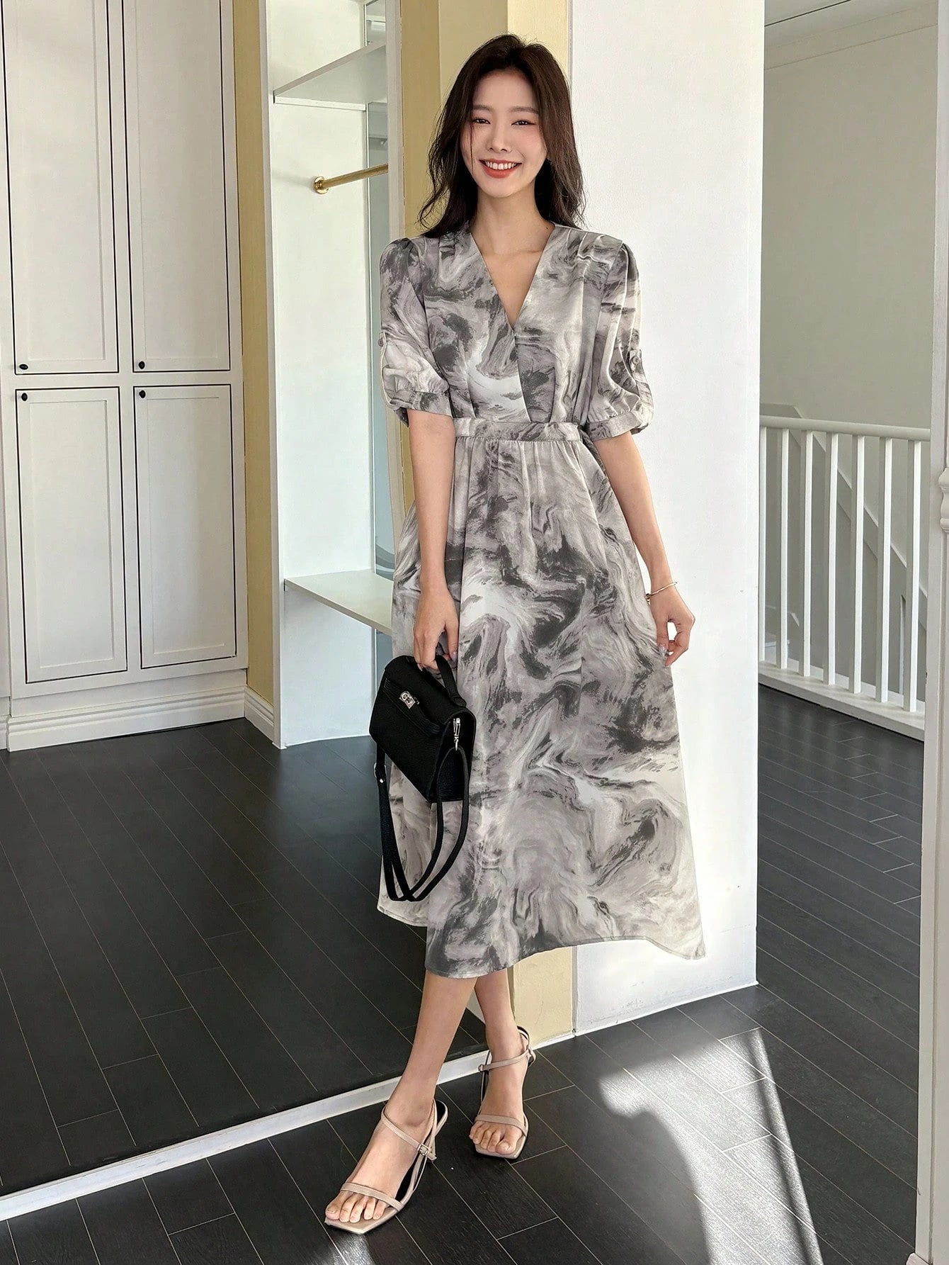 Grey Abstract Printed Midi Dress with Modern Chic Look
