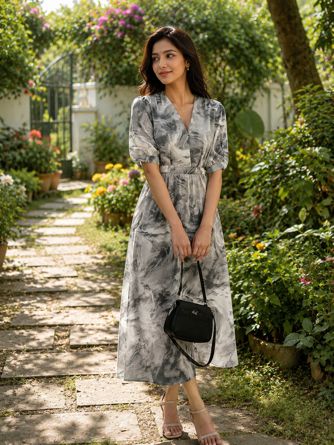 Grey Abstract Printed Midi Dress with Modern Chic Look