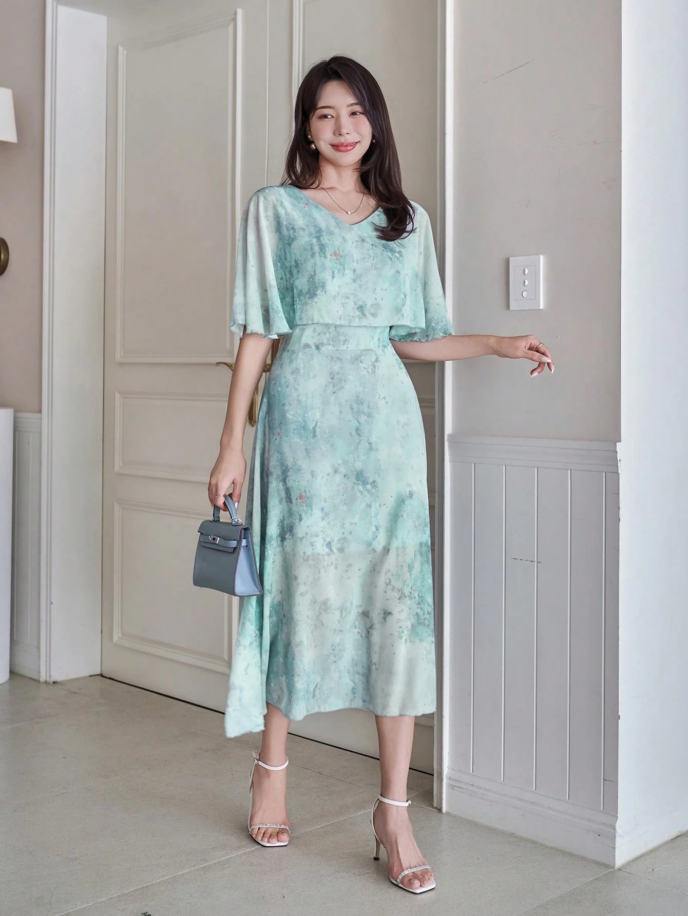 Mint Green Floral Midi Dress with Minimal Elegant Style