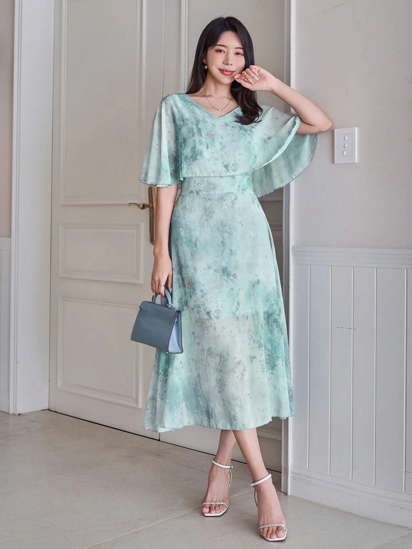 Mint Green Floral Midi Dress with Minimal Elegant Style