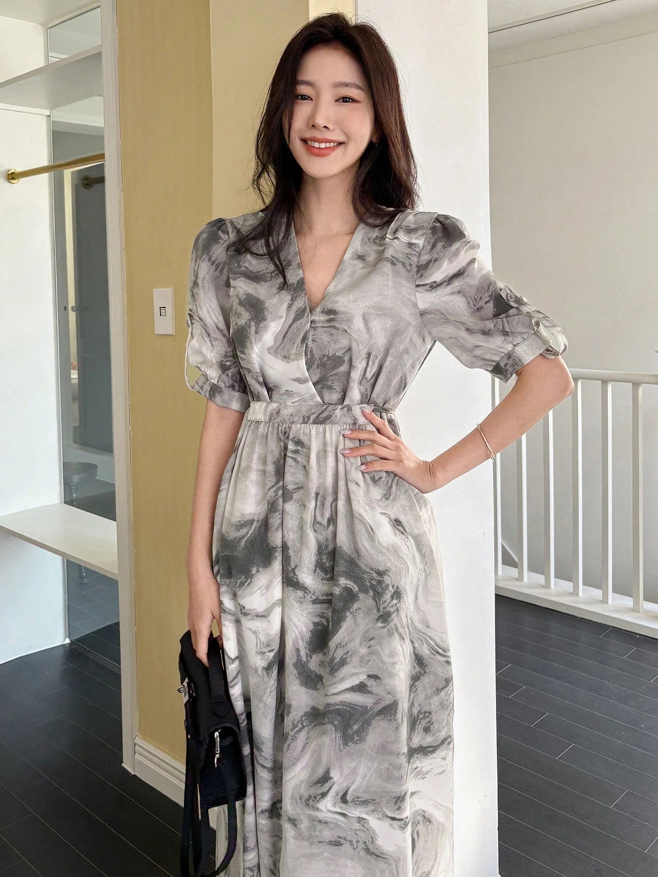 Grey Abstract Printed Midi Dress with Modern Chic Look