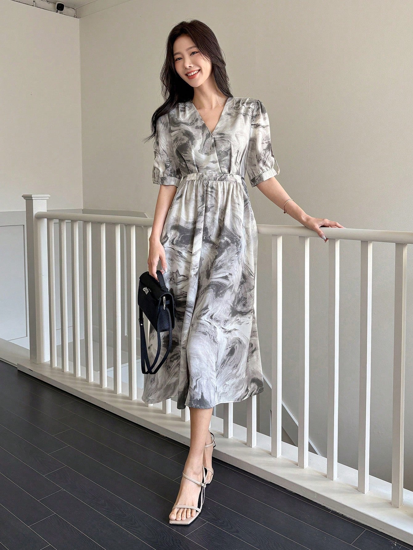 Grey Abstract Printed Midi Dress with Modern Chic Look