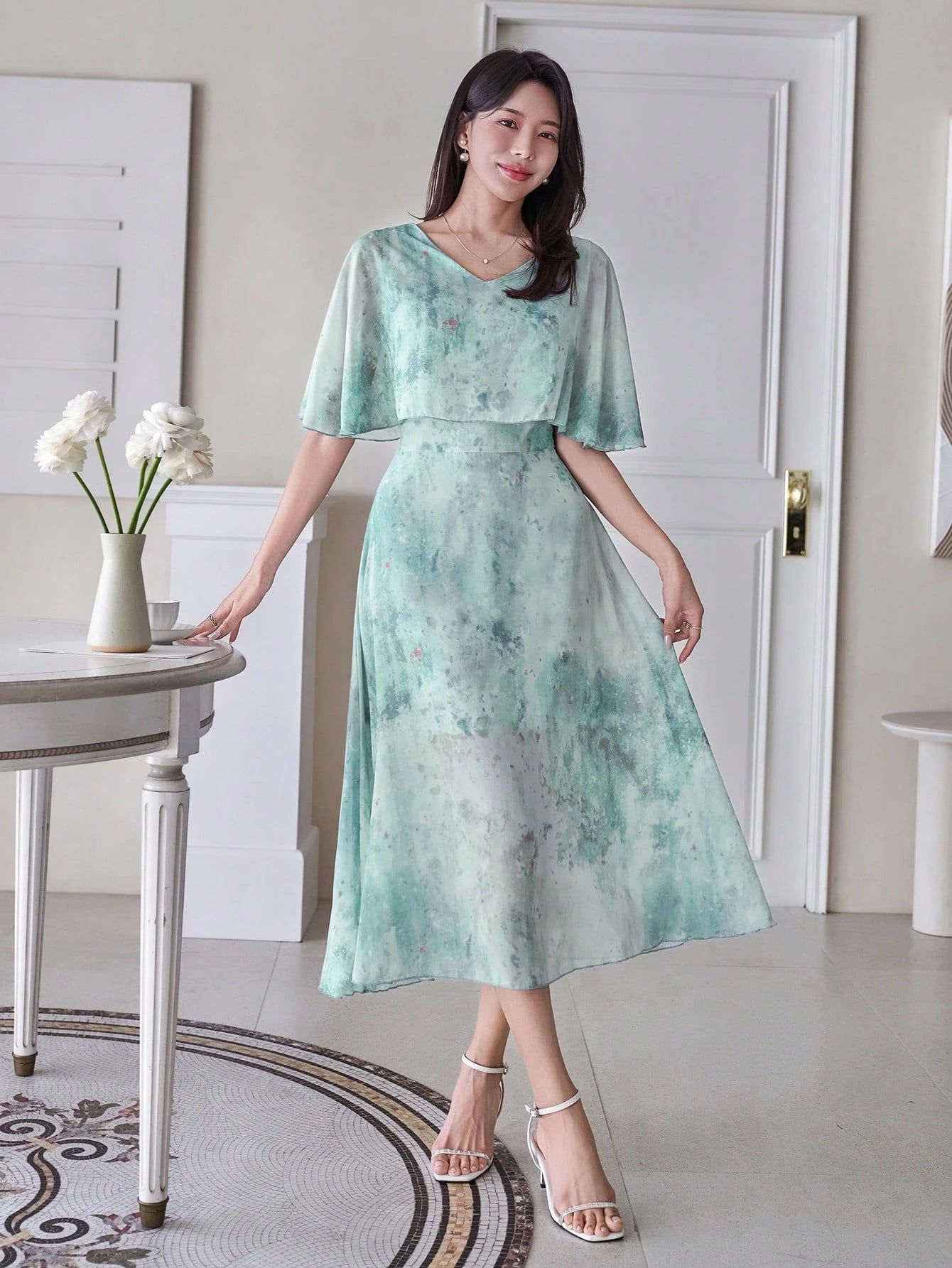 Mint Green Floral Midi Dress with Minimal Elegant Style