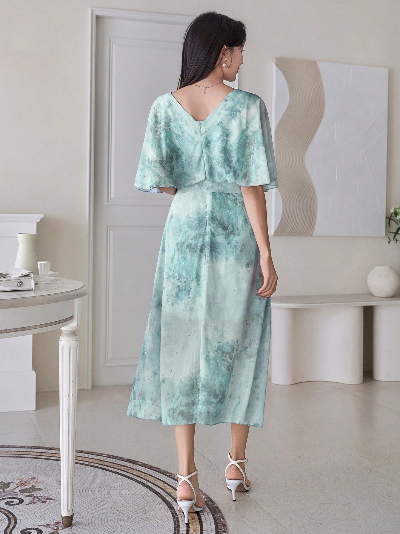 Mint Green Floral Midi Dress with Minimal Elegant Style