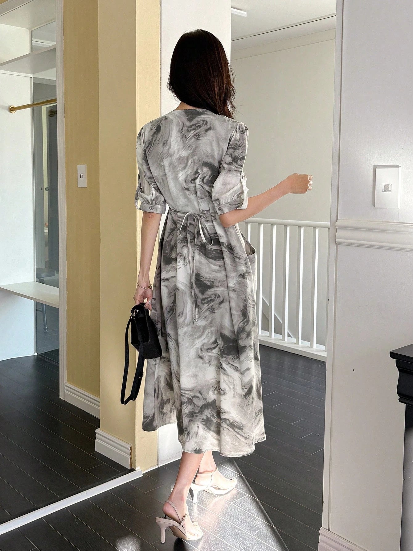 Grey Abstract Printed Midi Dress with Modern Chic Look