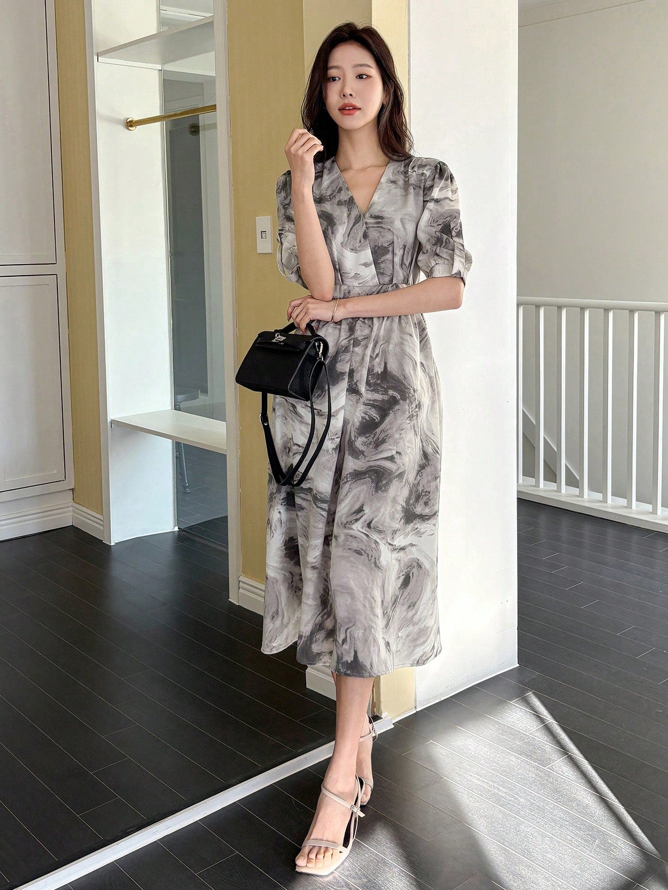 Grey Abstract Printed Midi Dress with Modern Chic Look