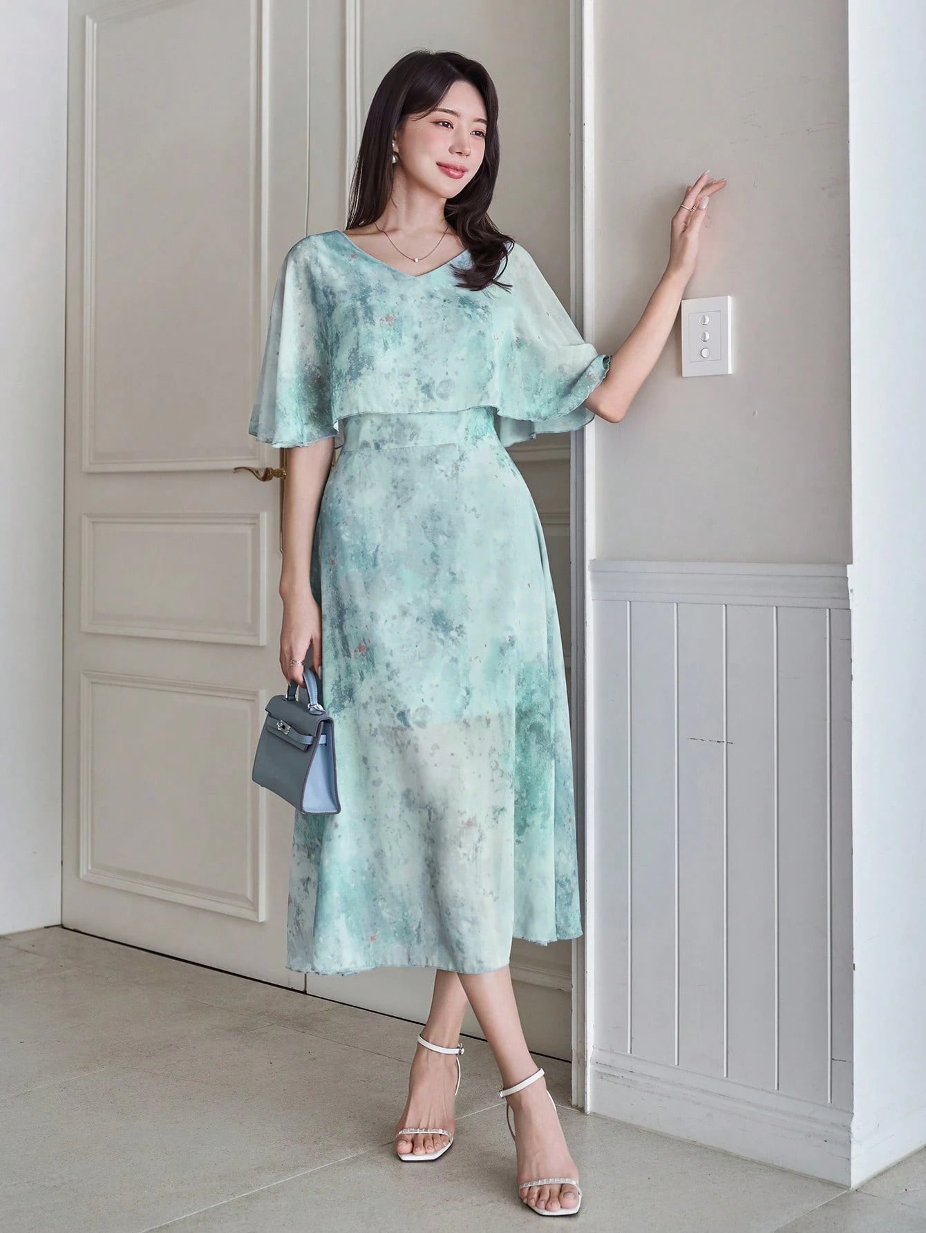 Mint Green Floral Midi Dress with Minimal Elegant Style