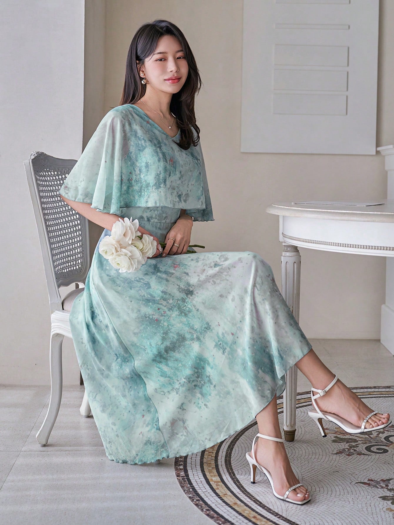 Mint Green Floral Midi Dress with Minimal Elegant Style