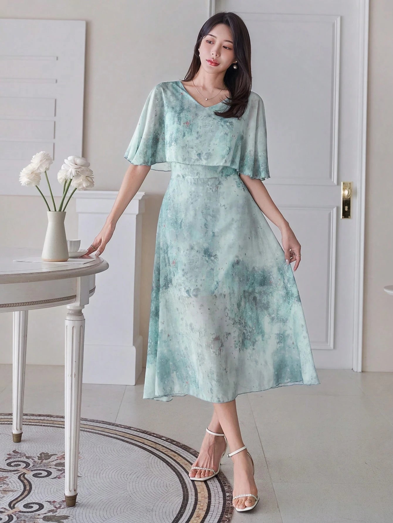 Mint Green Floral Midi Dress with Minimal Elegant Style