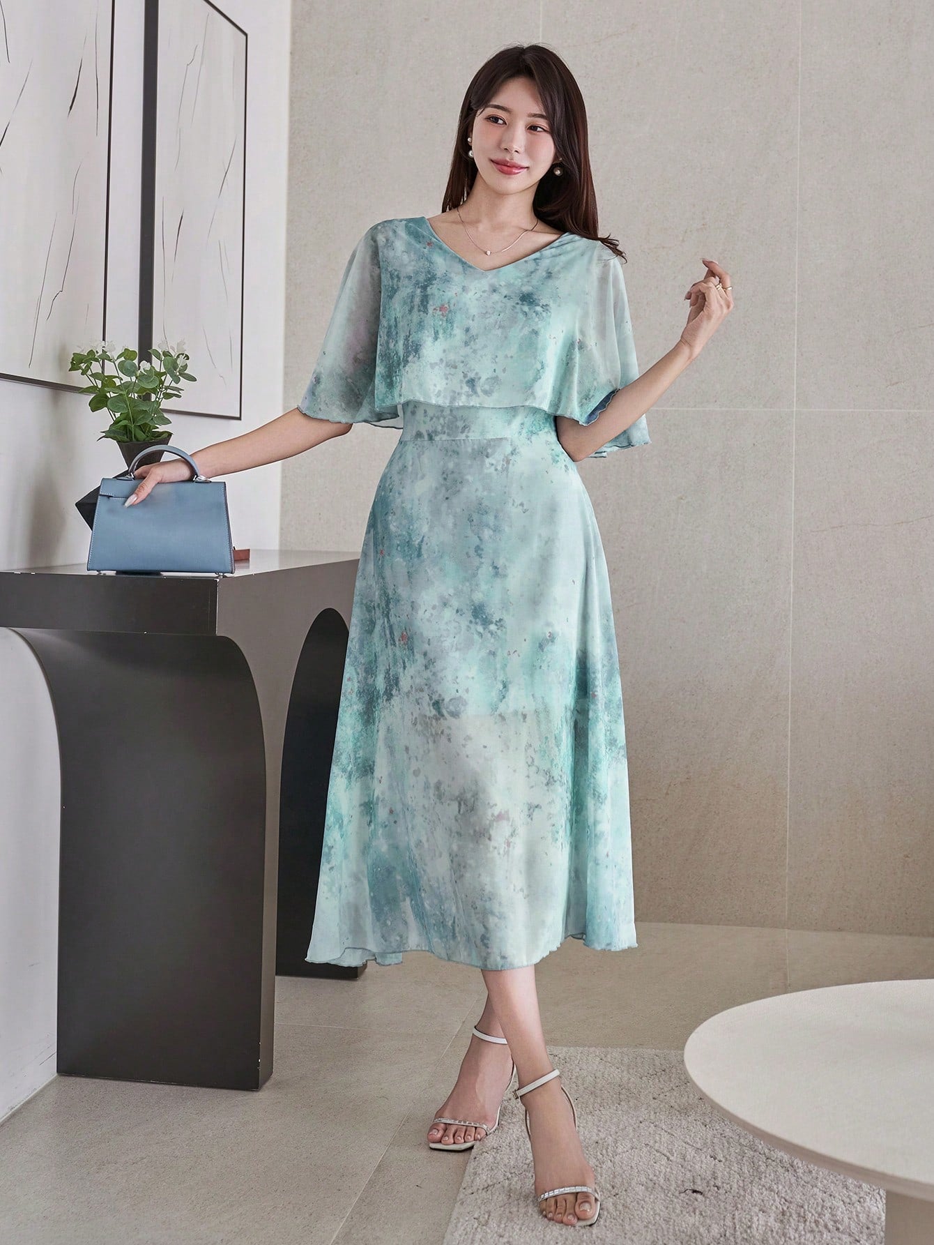 Mint Green Floral Midi Dress with Minimal Elegant Style