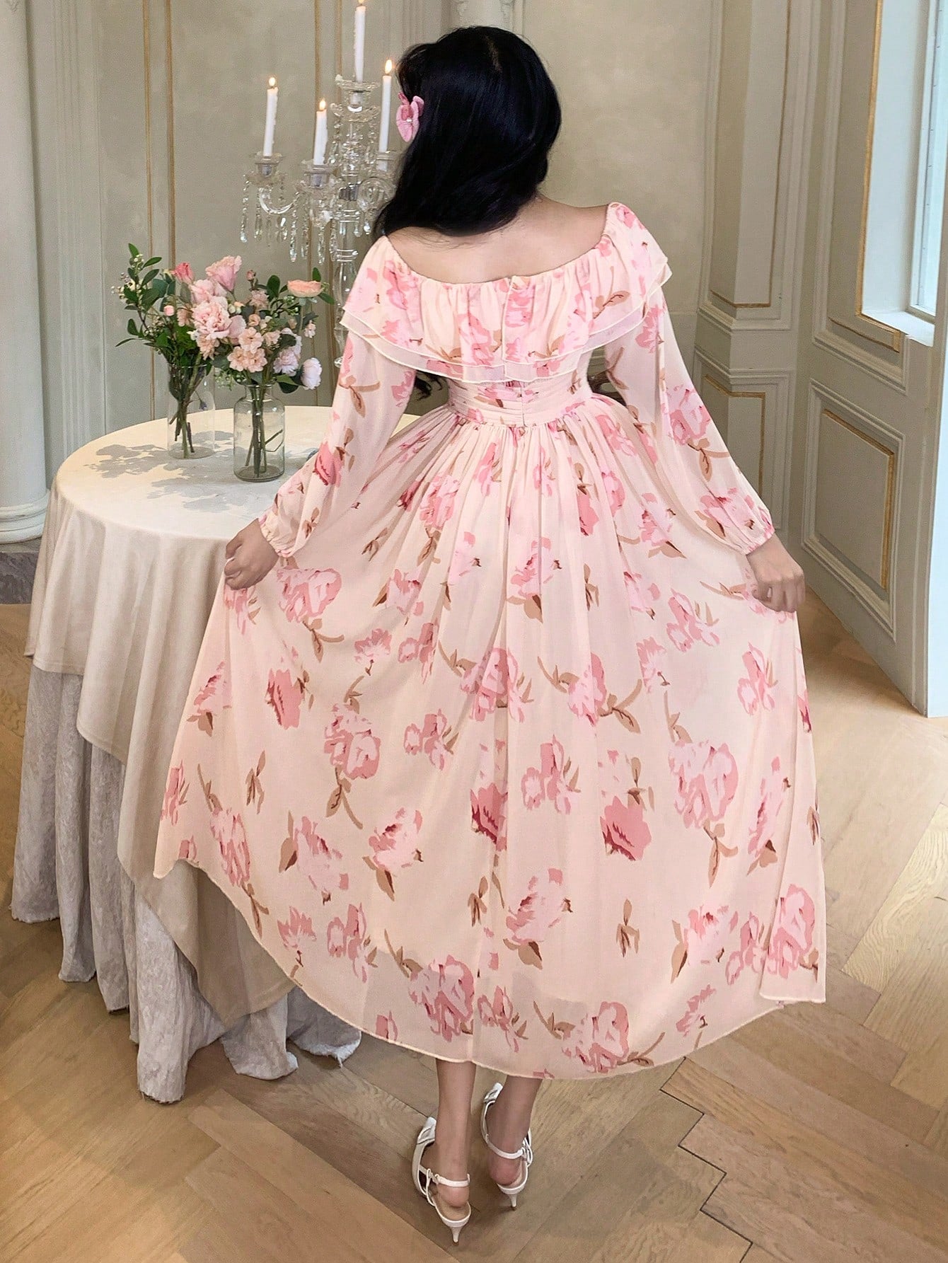 Peach Pink Floral Flowy Dress with Romantic Summer Vibes