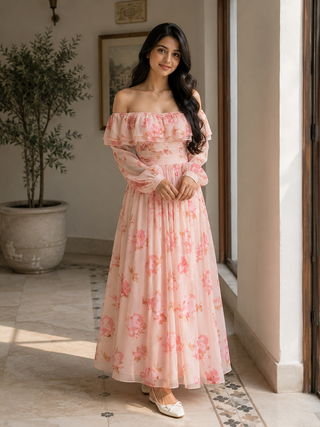 Peach Pink Floral Flowy Dress with Romantic Summer Vibes