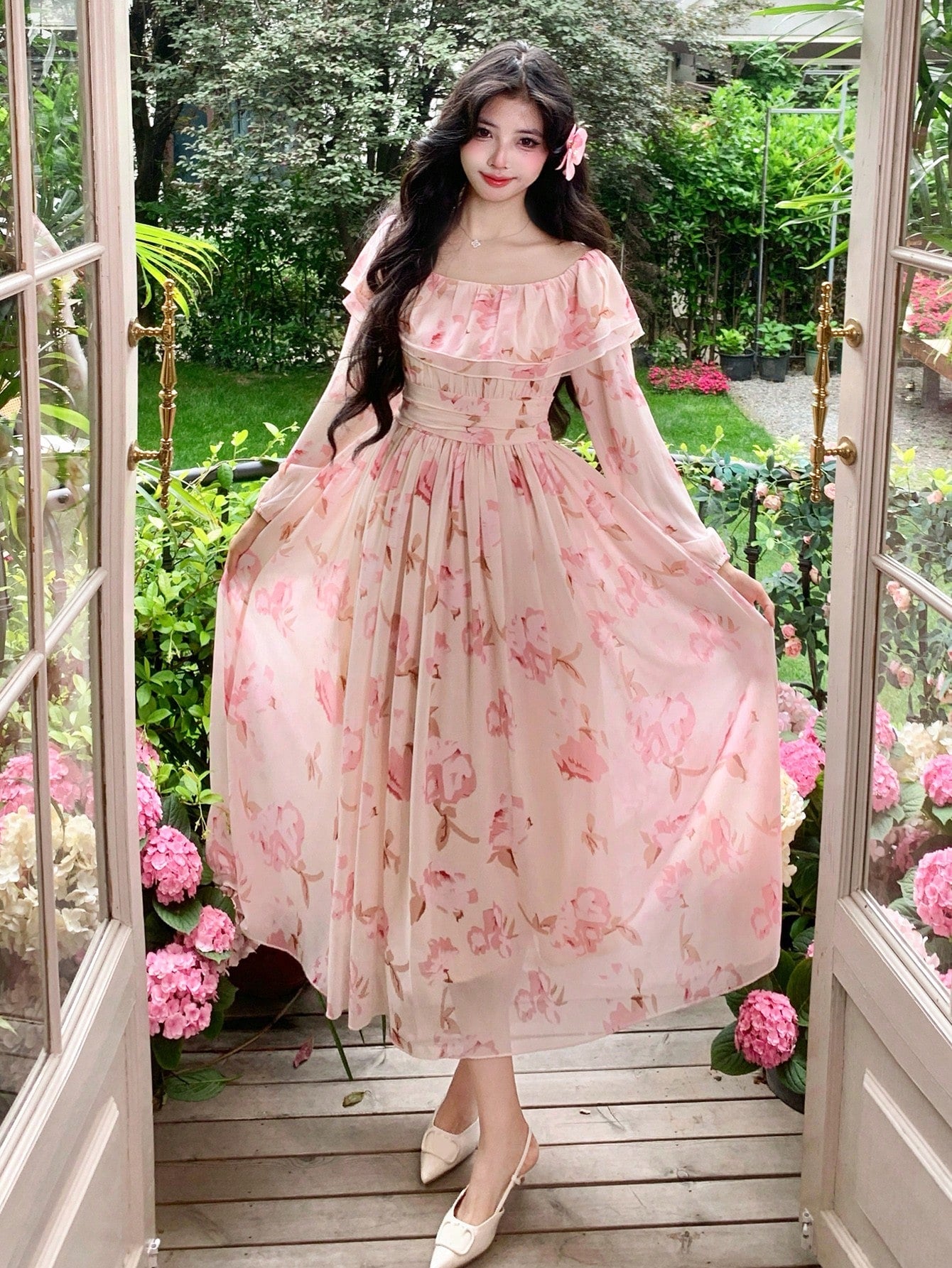 Peach Pink Floral Flowy Dress with Romantic Summer Vibes