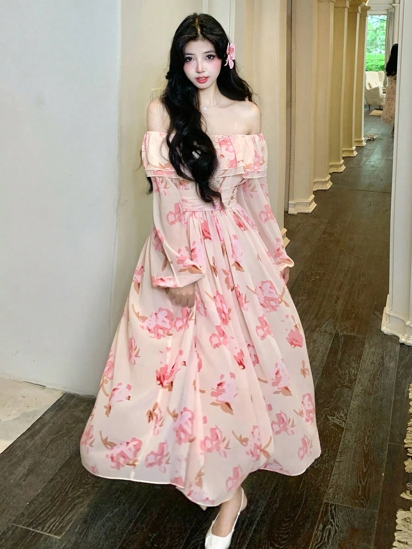 Peach Pink Floral Flowy Dress with Romantic Summer Vibes