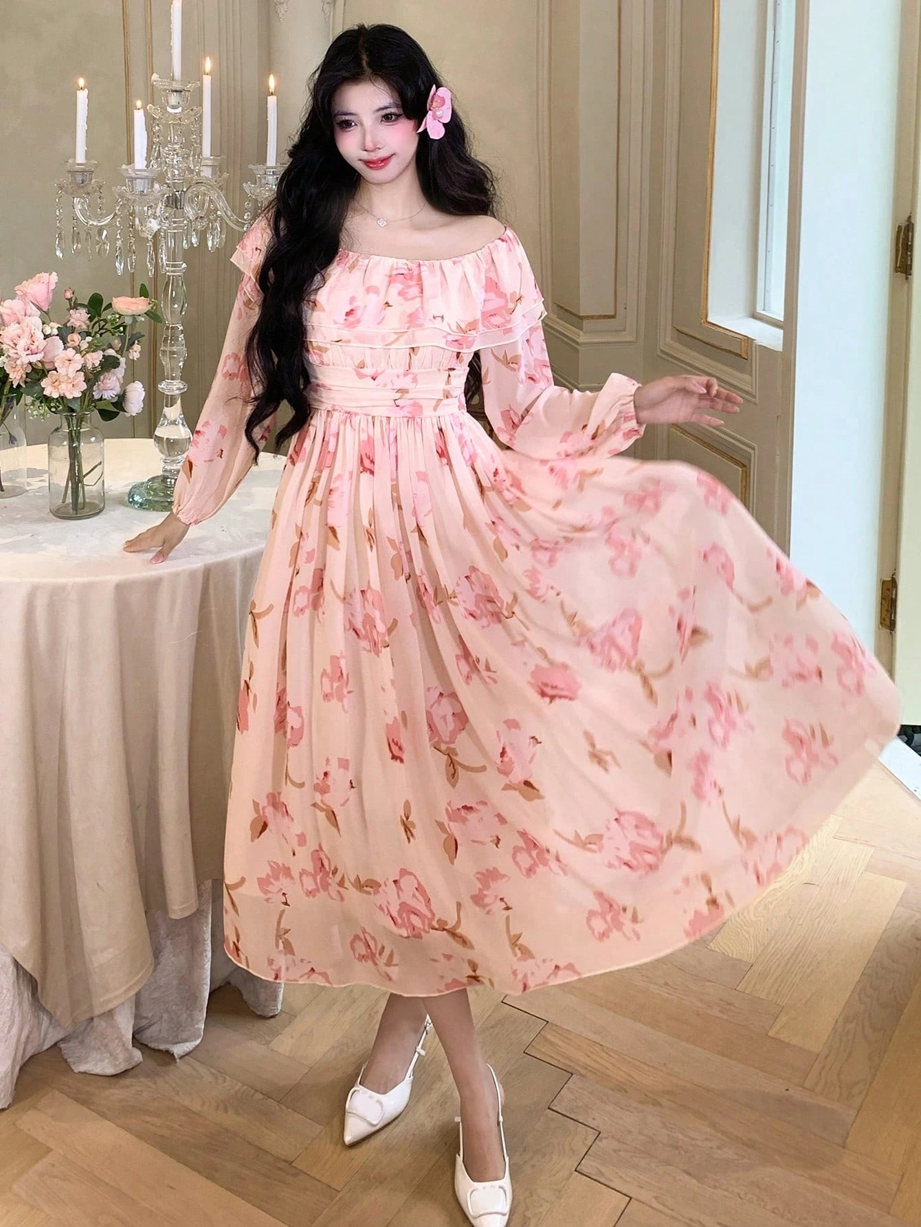 Peach Pink Floral Flowy Dress with Romantic Summer Vibes