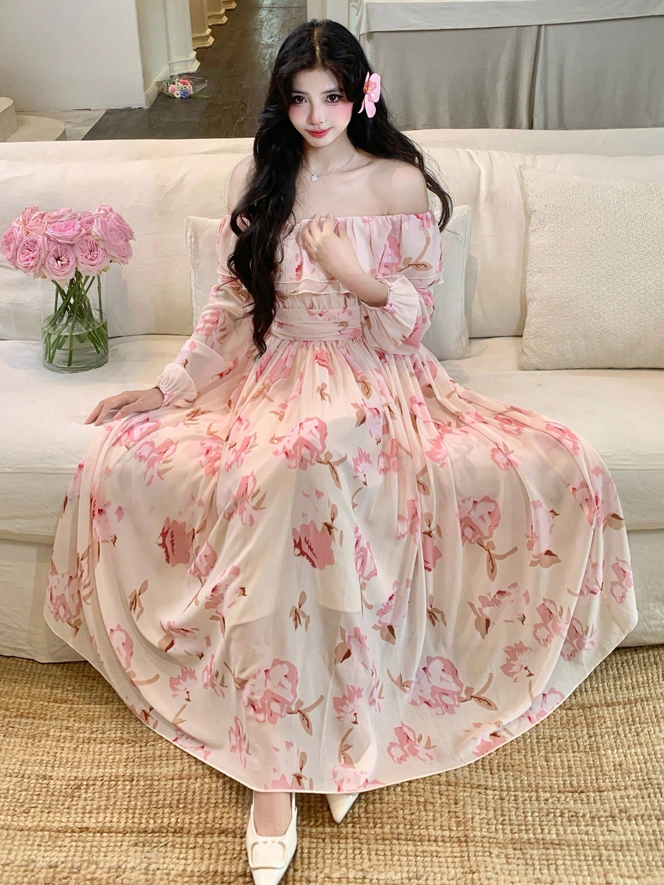 Peach Pink Floral Flowy Dress with Romantic Summer Vibes