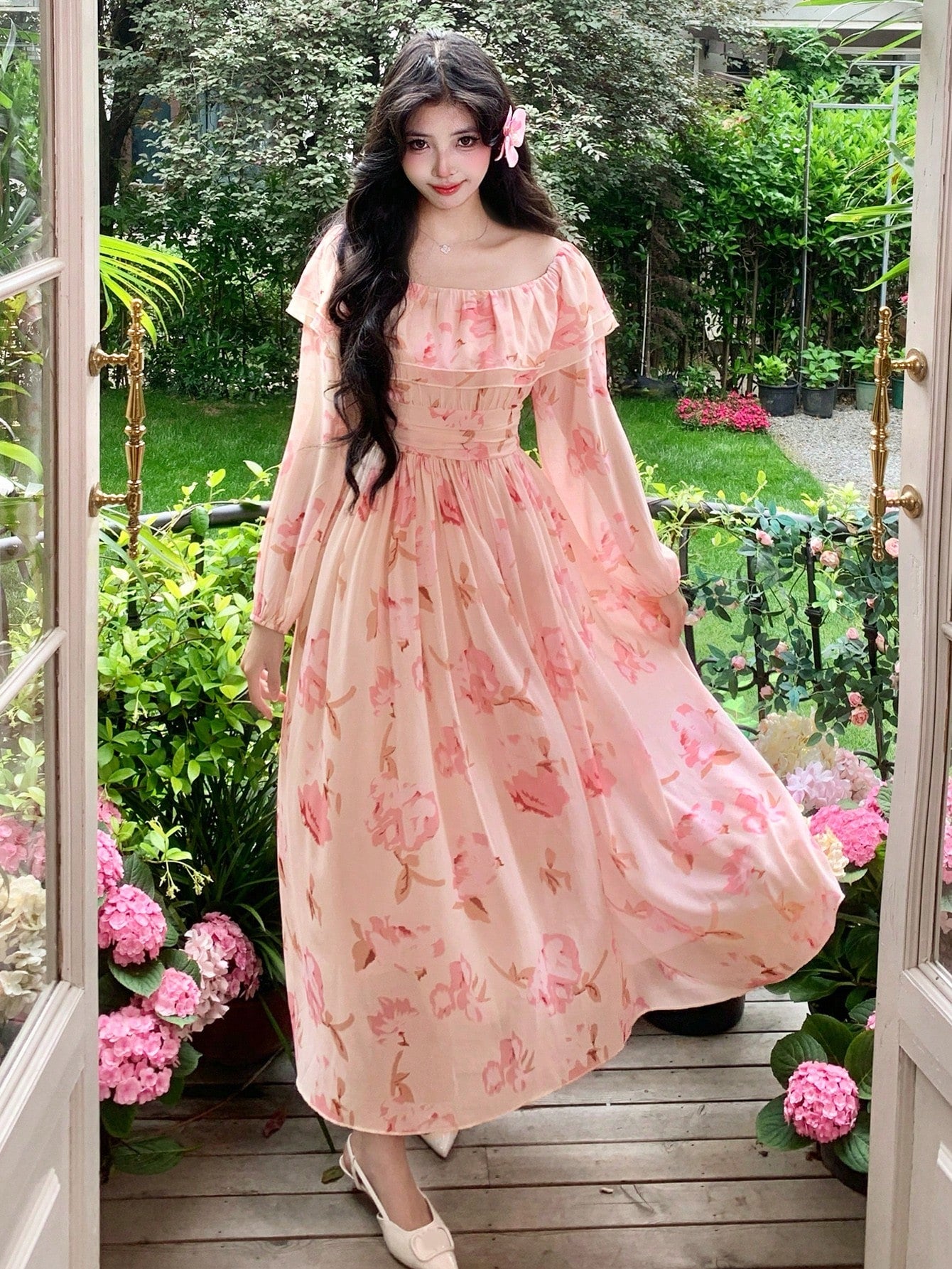 Peach Pink Floral Flowy Dress with Romantic Summer Vibes