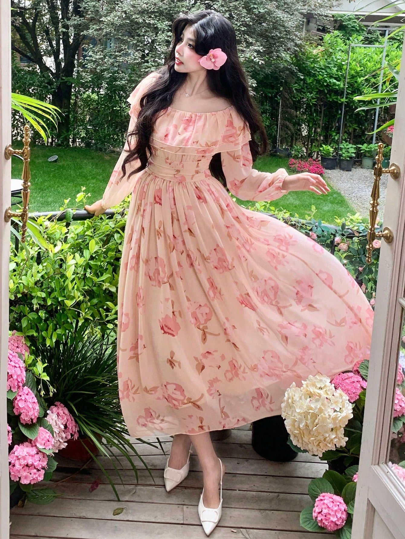 Peach Pink Floral Flowy Dress with Romantic Summer Vibes
