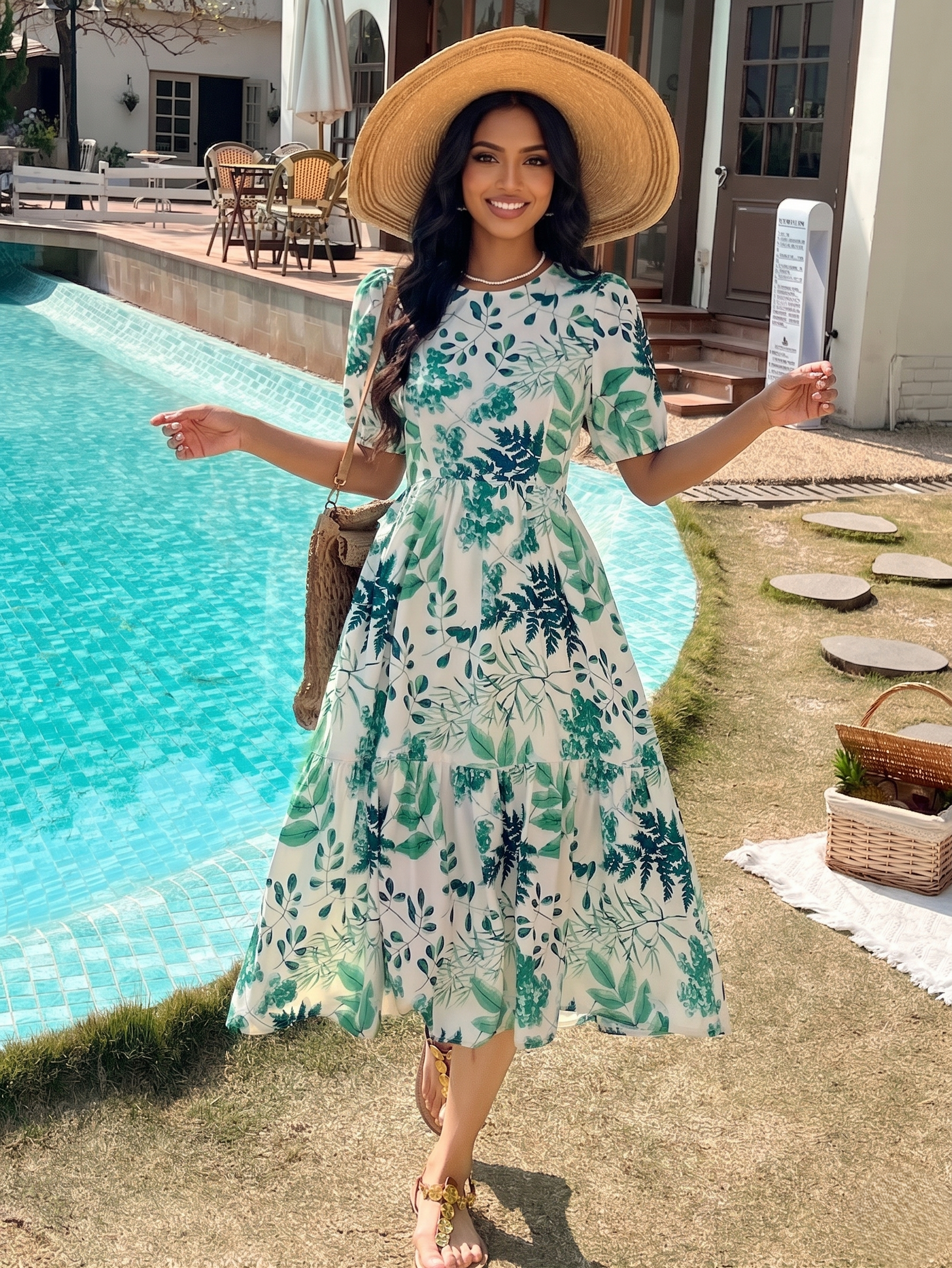 Green Tropical Printed Midi Dress with Summer Party Style