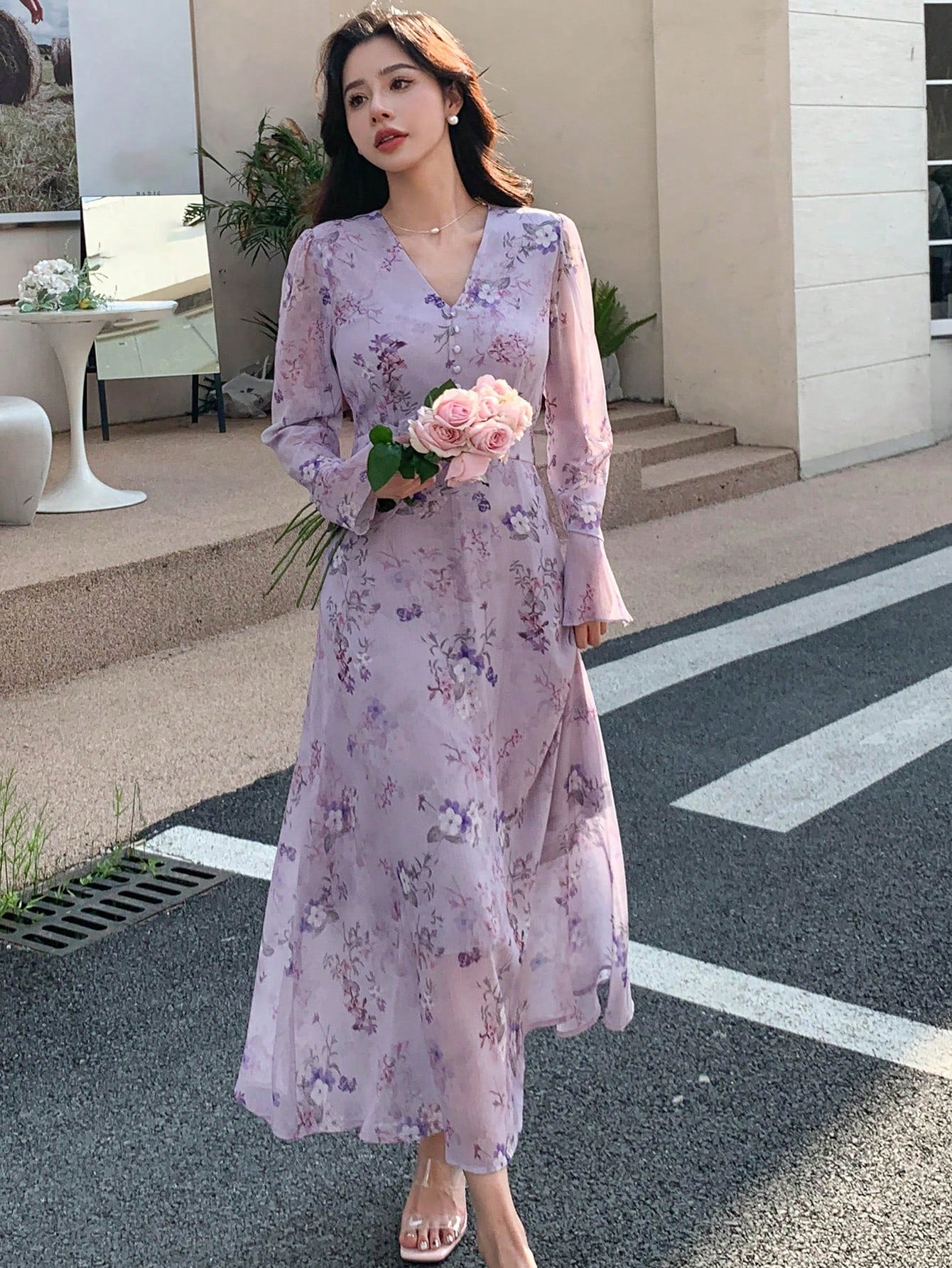 Lavender Floral Maxi Dress with Soft Feminine Korean Look