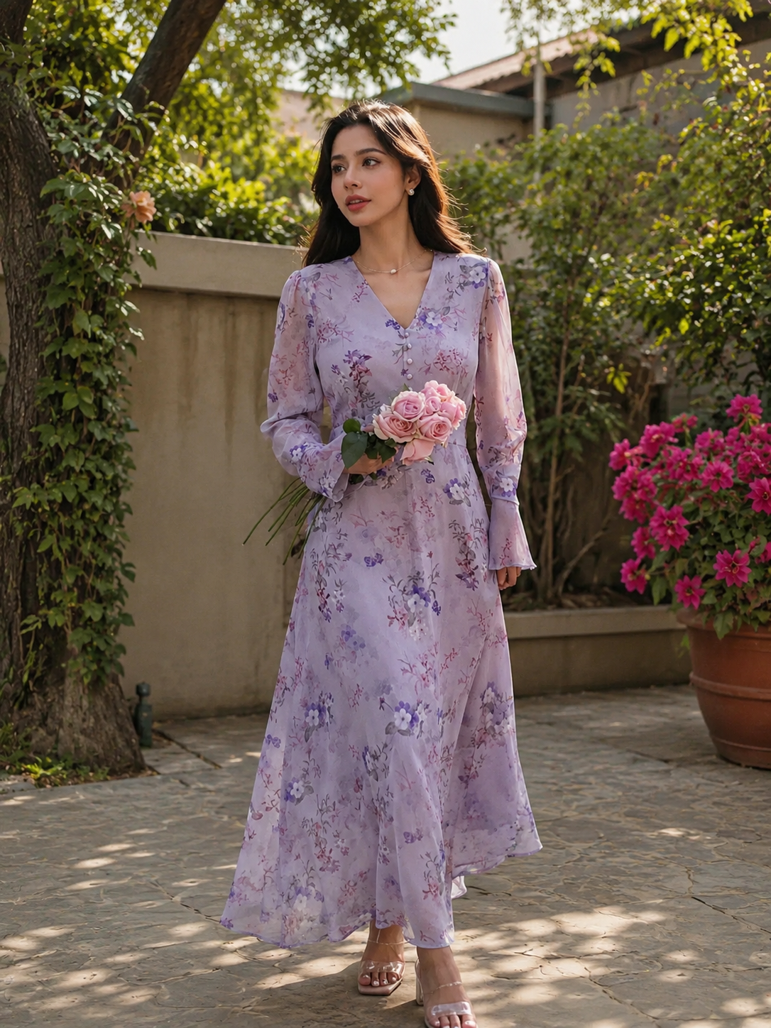 Lavender Floral Maxi Dress with Soft Feminine Korean Look