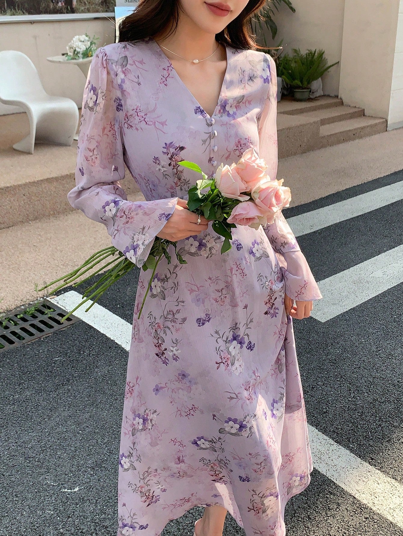 Lavender Floral Maxi Dress with Soft Feminine Korean Look
