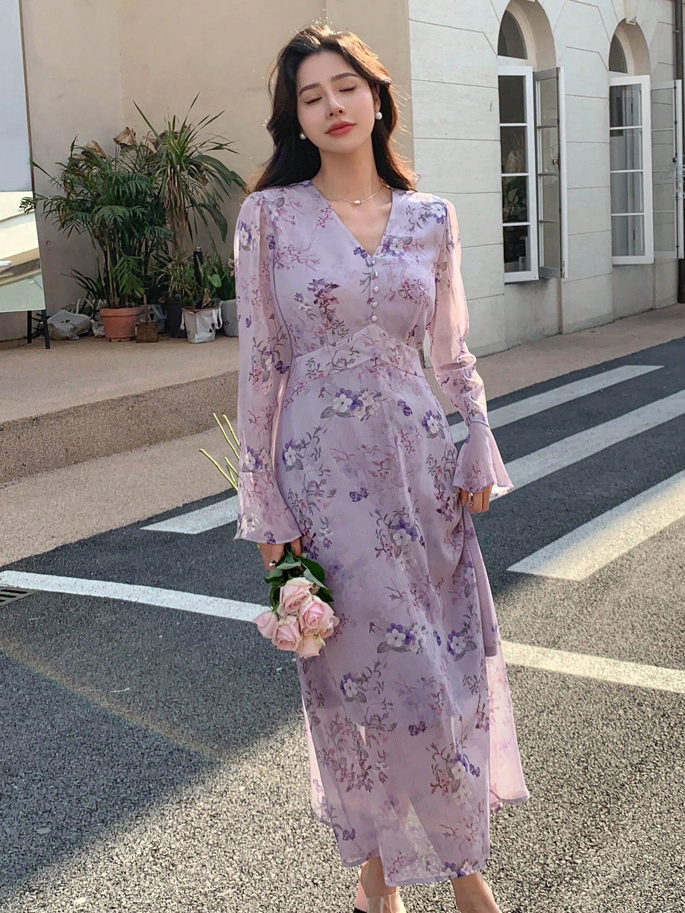 Lavender Floral Maxi Dress with Soft Feminine Korean Look