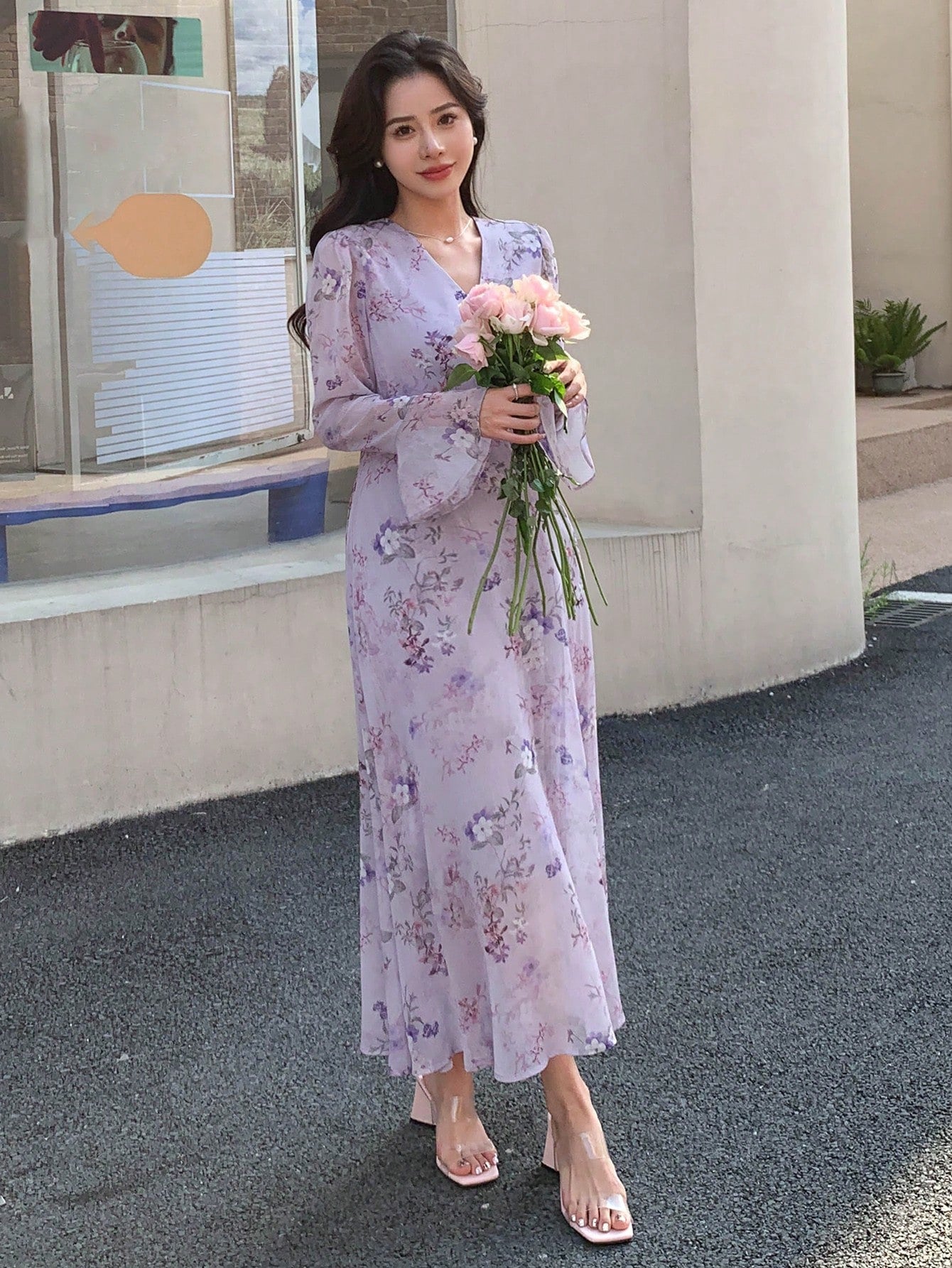 Lavender Floral Maxi Dress with Soft Feminine Korean Look