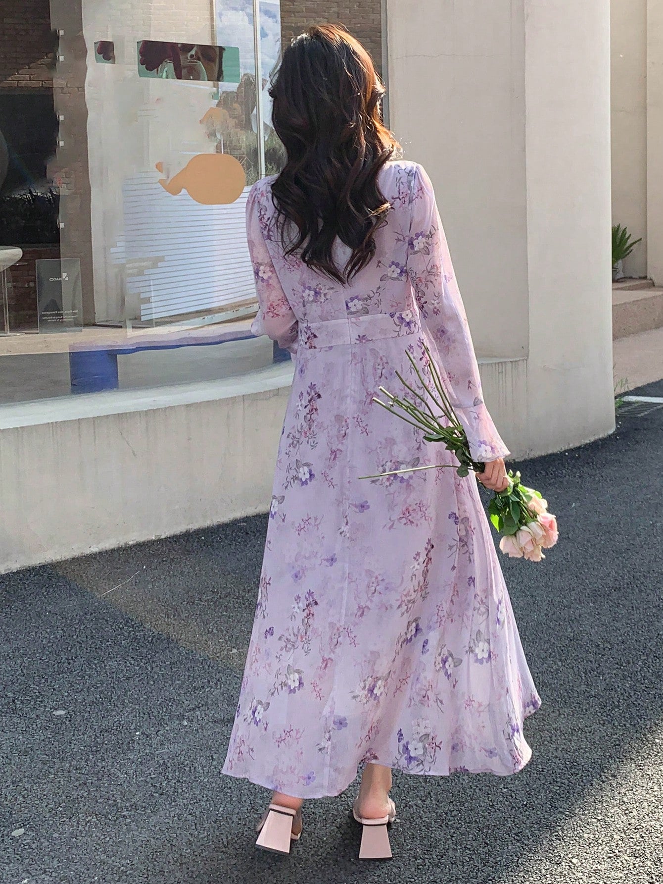 Lavender Floral Maxi Dress with Soft Feminine Korean Look