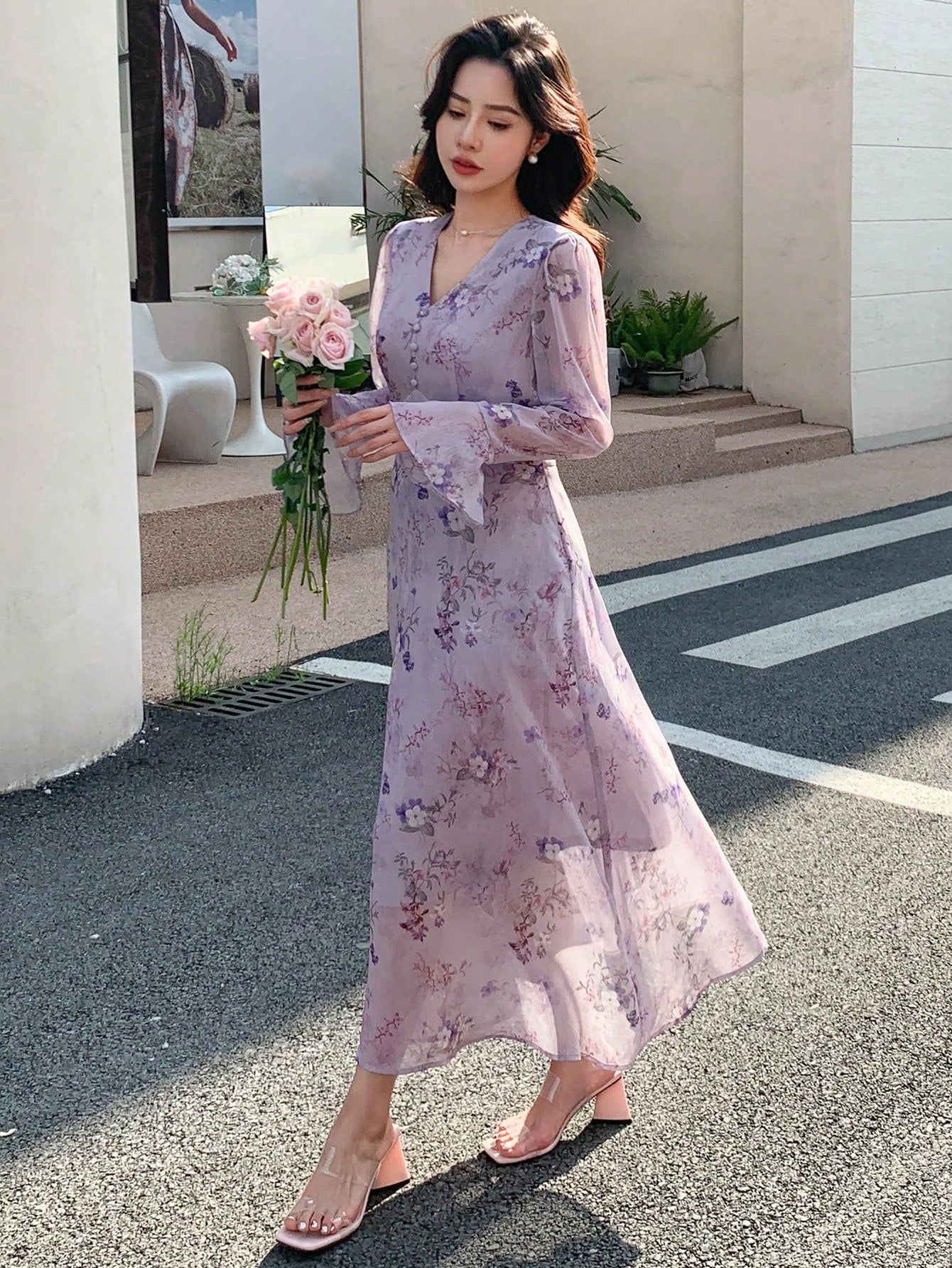 korean floral maxi dress Korean Style Floral Chiffon Evening Party White flowy dress - Long Sleeve Beach Midi Fairy White flowy dress for Summer 2023