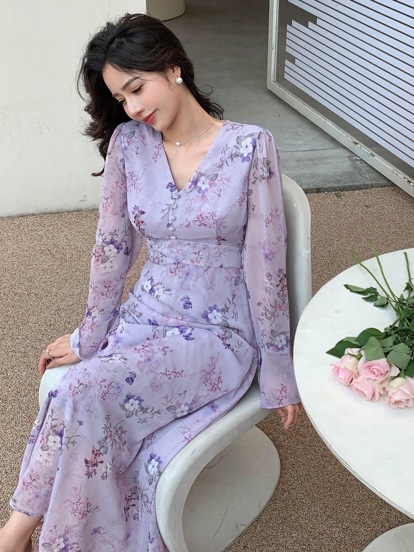 Lavender Floral Maxi Dress with Soft Feminine Korean Look