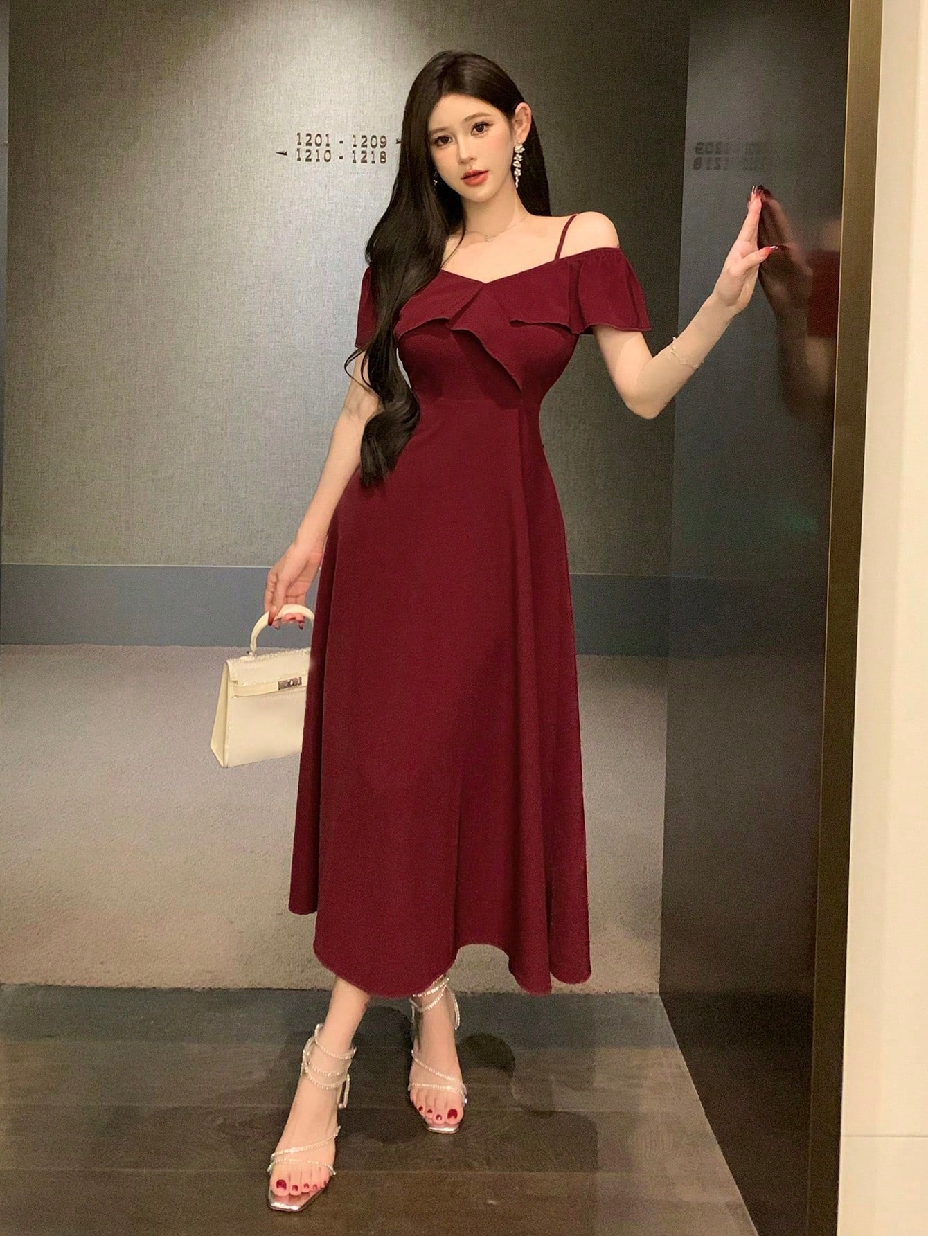 Wine Red Off Shoulder Midi Dress with Elegant Evening Look