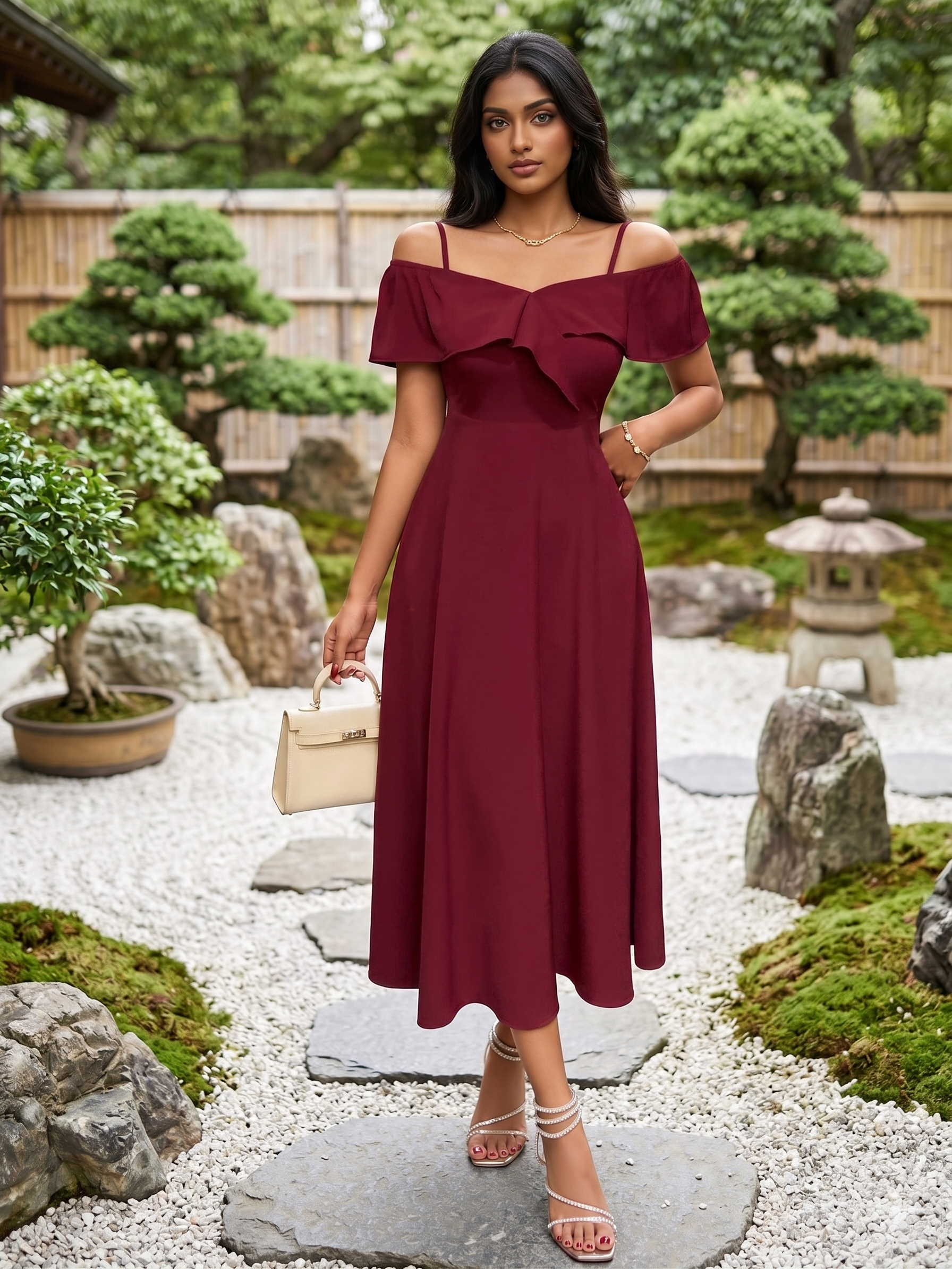 Wine Red Off Shoulder Midi Dress with Elegant Evening Look