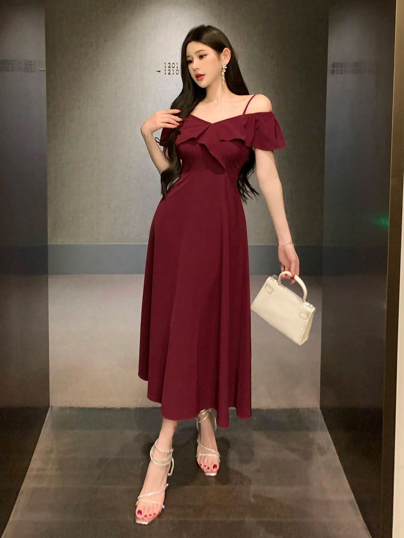 Wine Red Off Shoulder Midi Dress with Elegant Evening Look