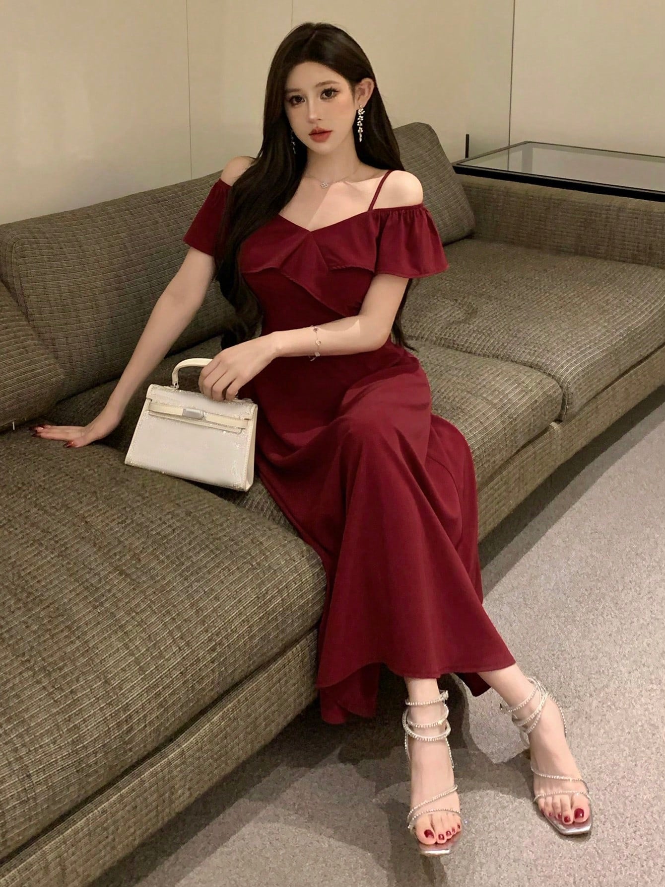 Wine Red Off Shoulder Midi Dress with Elegant Evening Look