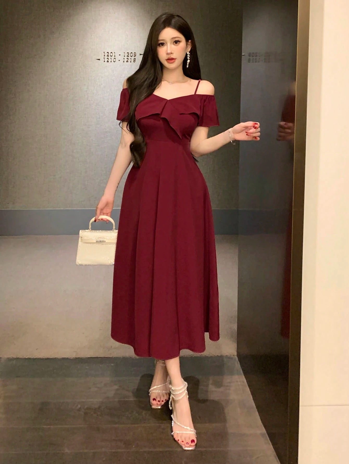 Wine Red Off Shoulder Midi Dress with Elegant Evening Look