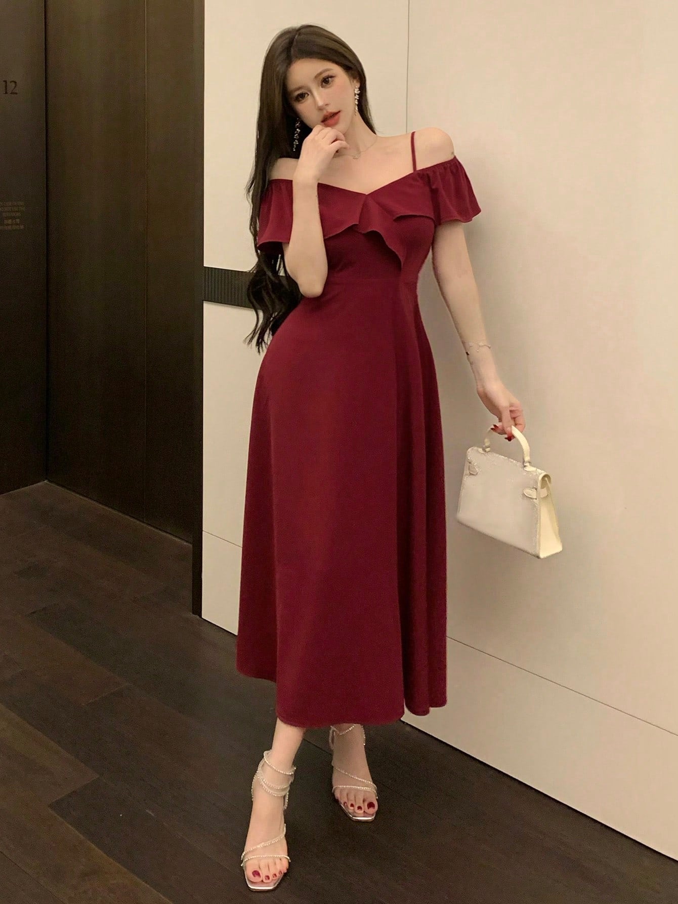 Wine Red Off Shoulder Midi Dress with Elegant Evening Look