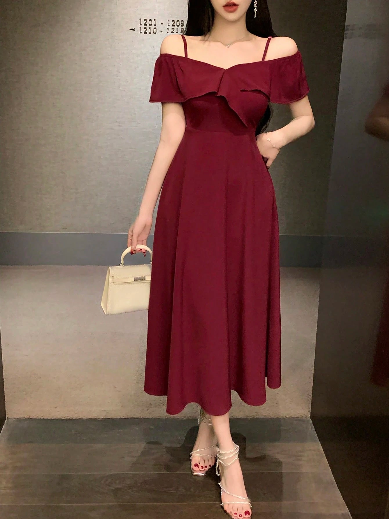 Wine Red Off Shoulder Midi Dress with Elegant Evening Look
