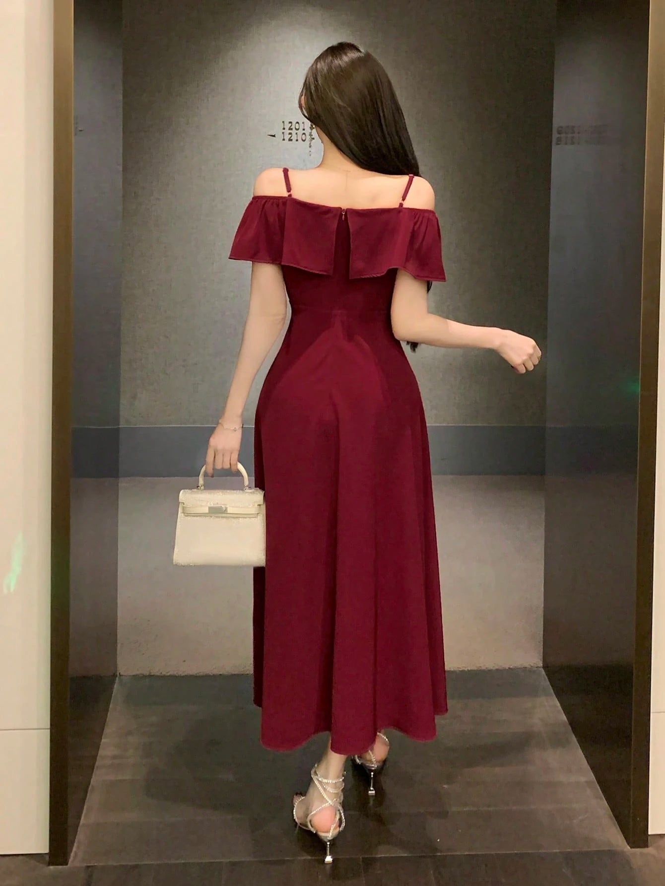 Wine Red Off Shoulder Midi Dress with Elegant Evening Look