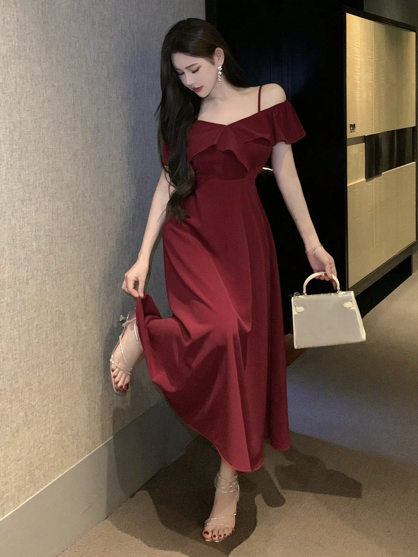Wine Red Off Shoulder Midi Dress with Elegant Evening Look