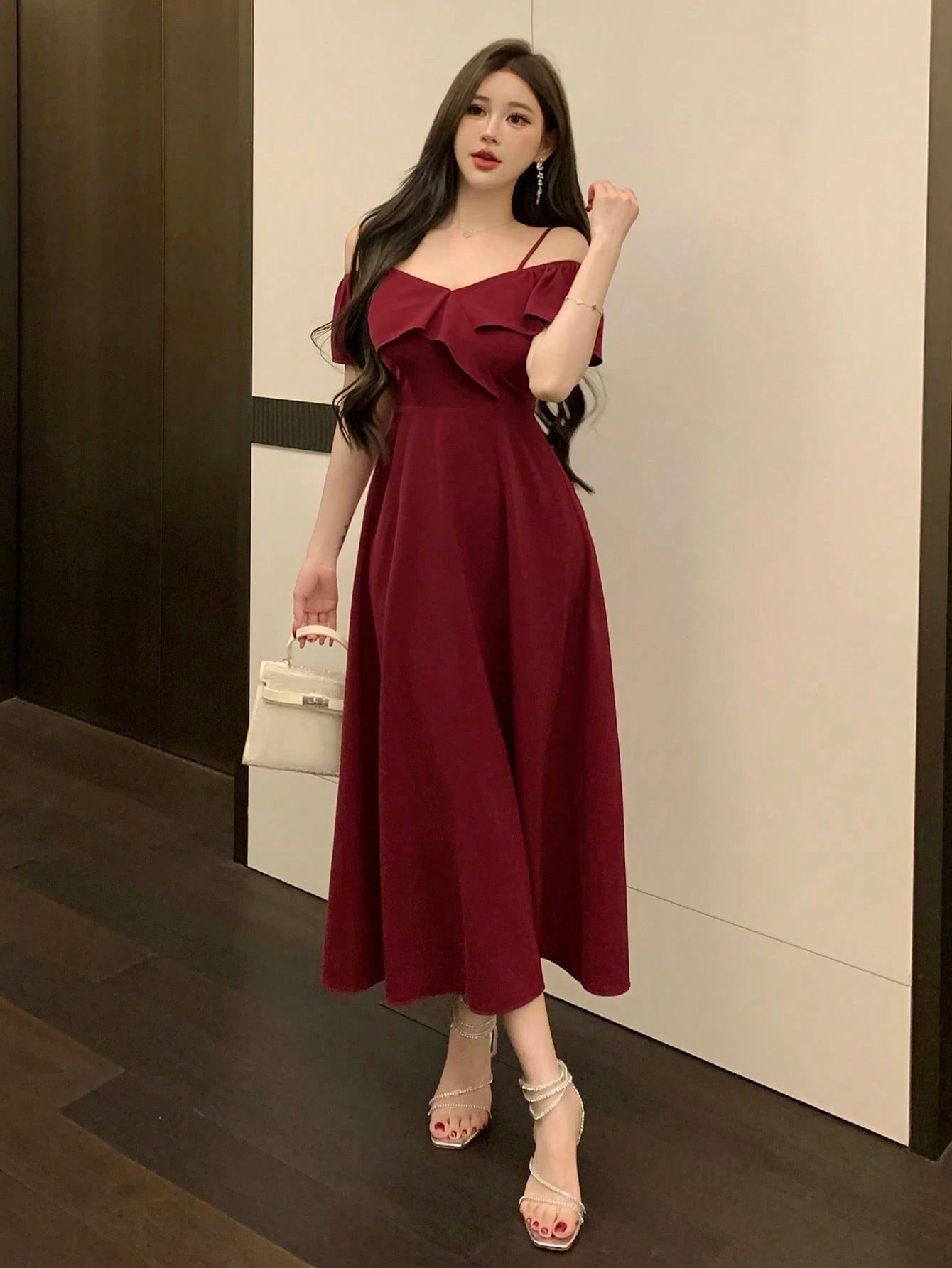 Wine Red Off Shoulder Midi Dress with Elegant Evening Look