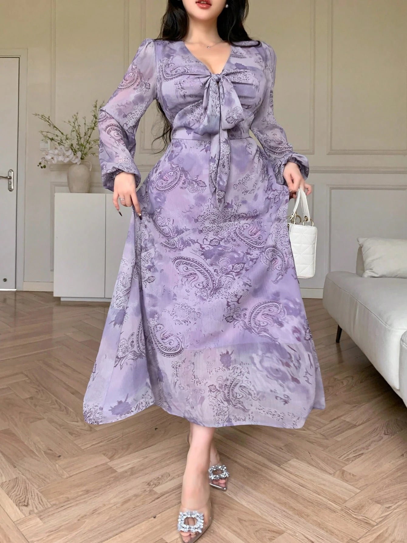 Lavender Floral Wrap Maxi Dress with Korean Fashion Style