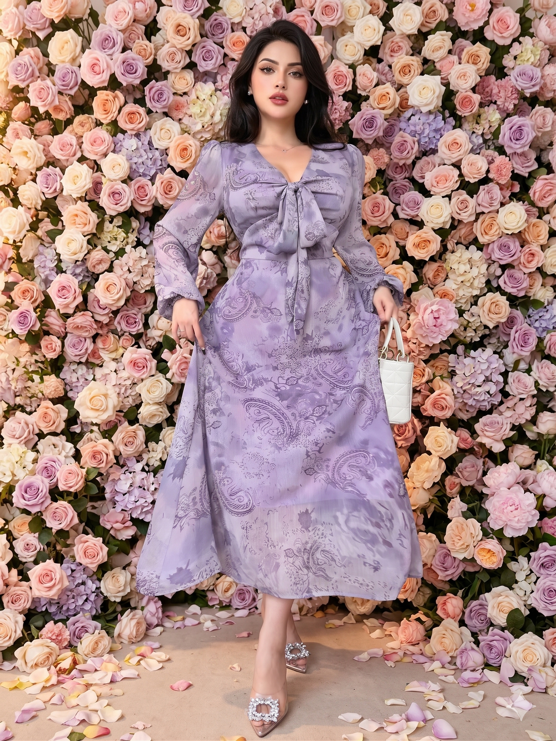 dress korean wrap Lavender Floral Wrap Maxi Dress with Korean Fashion Style XL